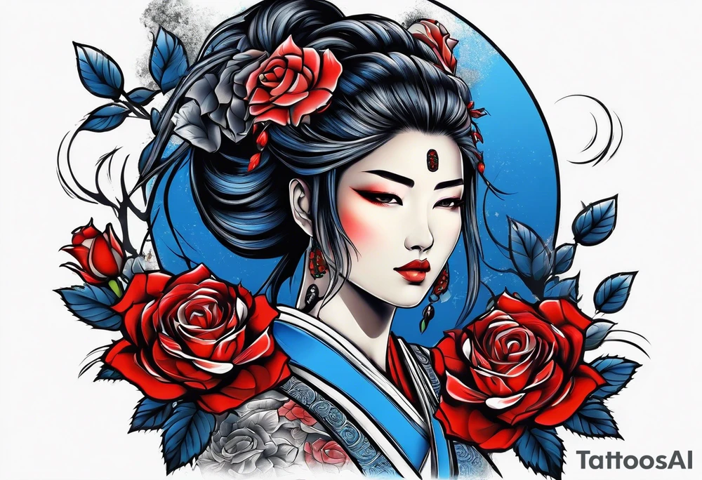 Samurai woman Colored blue and red roses tattoo idea