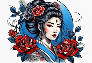 Samurai woman Colored blue and red roses tattoo idea
