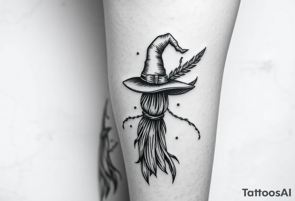 Which is broom with handle
 a witches hat with vines and feathers 
Smaller broom with hat placed on top or in the middle
Feminine and on a leg tattoo idea