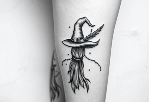 Which is broom with handle
 a witches hat with vines and feathers 
Smaller broom with hat placed on top or in the middle
Feminine and on a leg tattoo idea