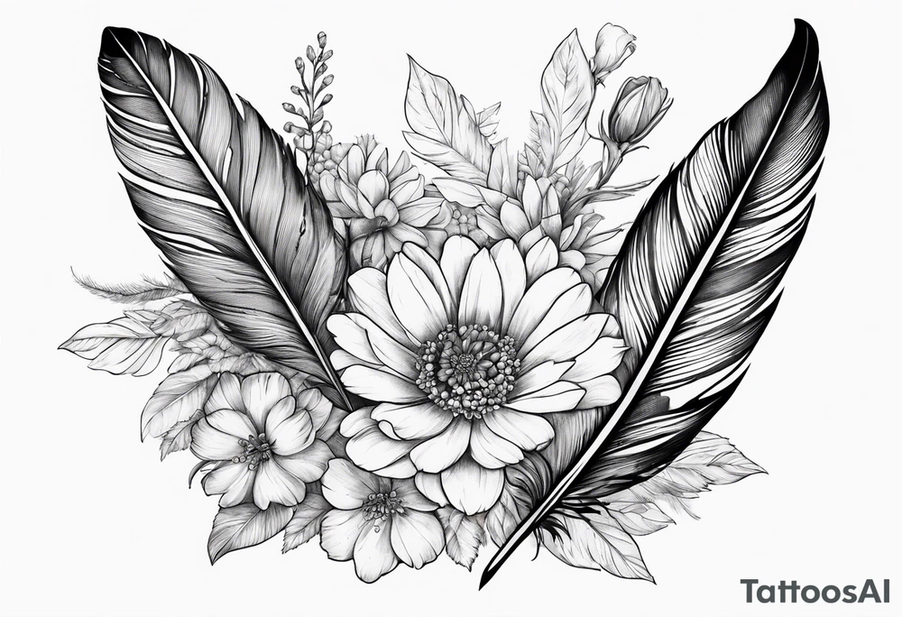 Feather with may and February birth flowers tattoo idea