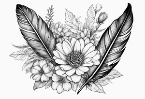 Feather with may and February birth flowers tattoo idea