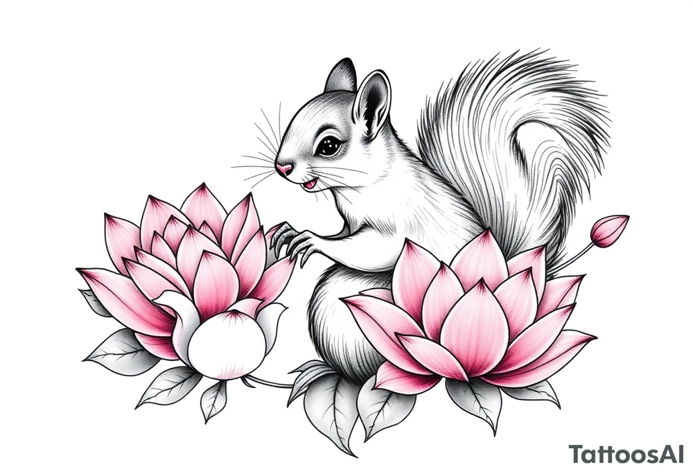 Fierce rabbid squirrel blooming lotus flowers tattoo idea