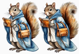 medieval grey squirrel in robe carrying a large satchel tattoo idea
