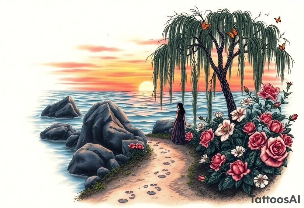 Dark ocean with rocks sunset, weeping willow garden with roses and lilies flower beds. fantasy creatures, fairies, siren, dragonflies, butterflies, cat paw prints path in dirt. tattoo idea