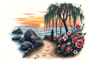Dark ocean with rocks sunset, weeping willow garden with roses and lilies flower beds. fantasy creatures, fairies, siren, dragonflies, butterflies, cat paw prints path in dirt. tattoo idea