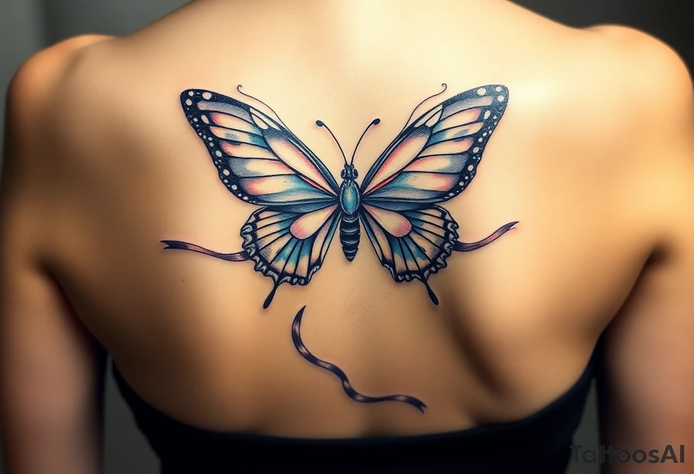 ethereal butterfly with flowing silk ribbons in moonlight tattoo idea