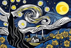 the starry night from van gogh but in tradi tattoo (old school) tattoo idea