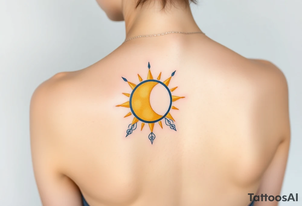 A sun and moon intertwined with delicate Virgo symbols, blending gold, soft yellow, and midnight blue tones tattoo idea