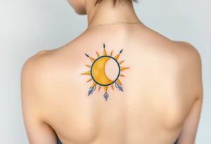 A sun and moon intertwined with delicate Virgo symbols, blending gold, soft yellow, and midnight blue tones tattoo idea
