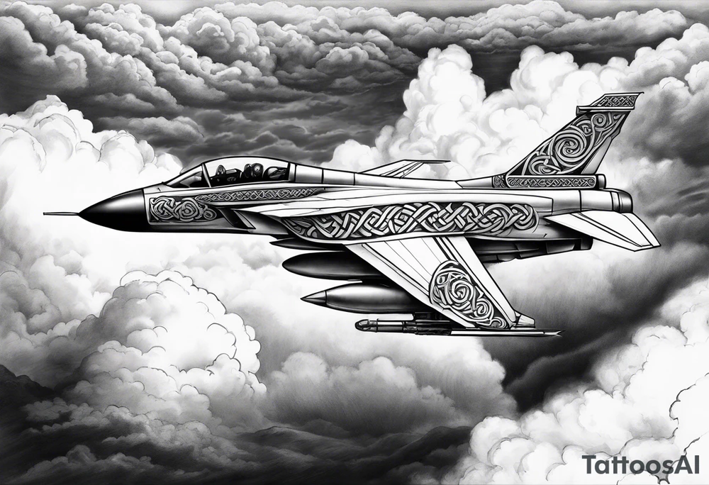Fighter jet with a Celtic cross in the clouds. With the date 09-07-2023 in clouds tattoo idea