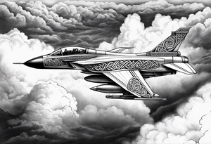 Fighter jet with a Celtic cross in the clouds. With the date 09-07-2023 in clouds tattoo idea