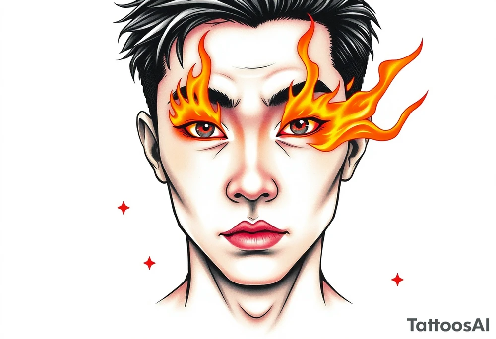 Handsome Asian young guy with burning eyes tattoo idea