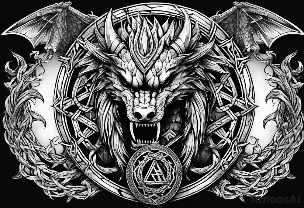 Valhalla sword shield dragon axe Valknut barbed wire chains tattoo idea