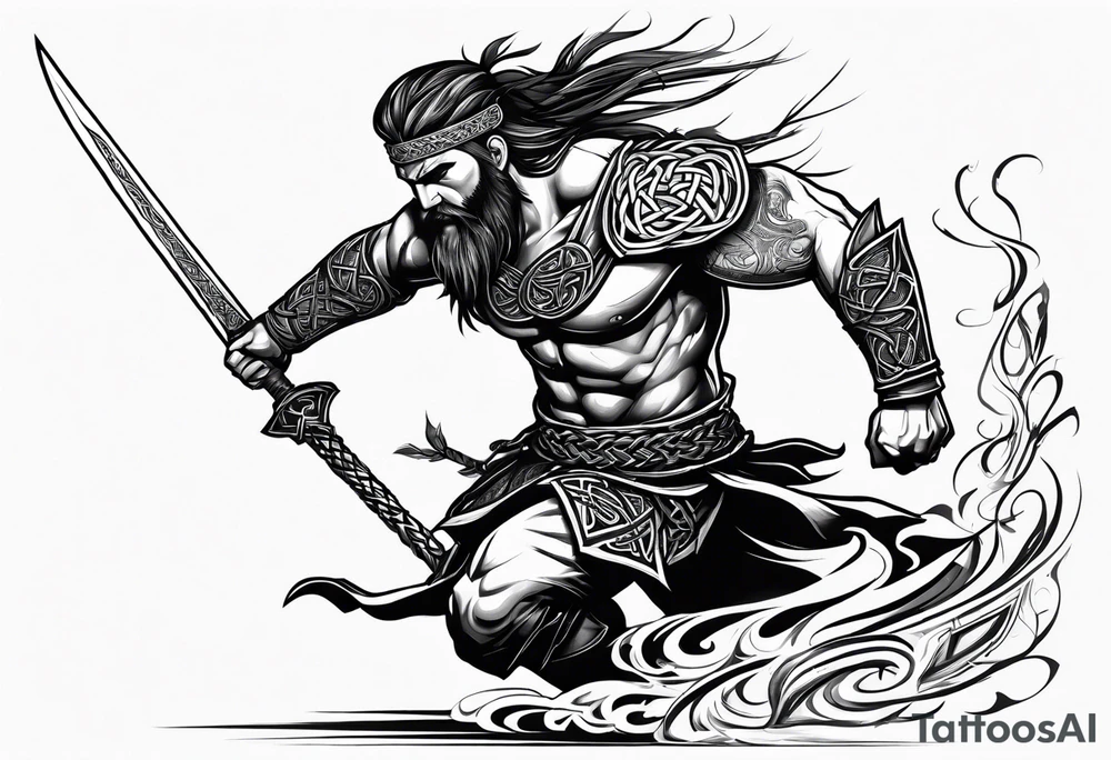 Full body side profile of Celtic warrior running into battle tattoo idea