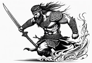Full body side profile of Celtic warrior running into battle tattoo idea