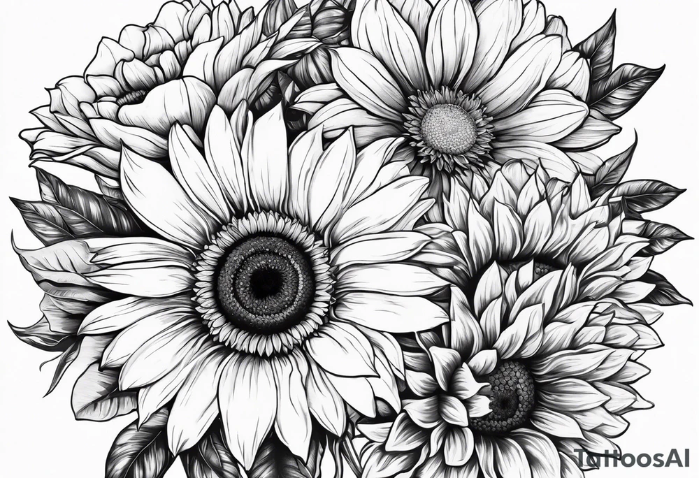 Sun Flower in the middle, Rose and Lily on top and a Gerbera daisy on the bottom tattoo idea