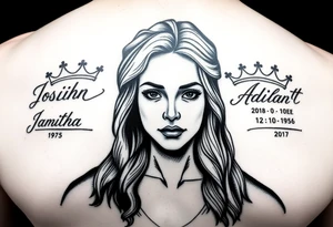 Mother with two sons 1 and half years apart ideas for a women In cursive writing in side crowns the names Josiah the othe Adian and thier days numbers in roman numerals tattoo idea