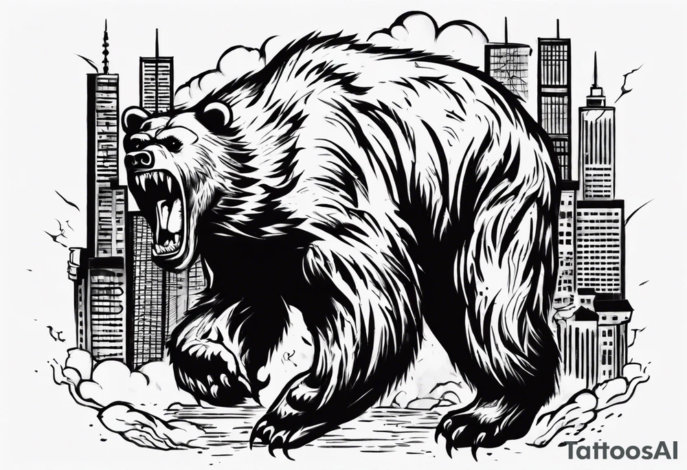Angry bear coming up behind a city tattoo idea