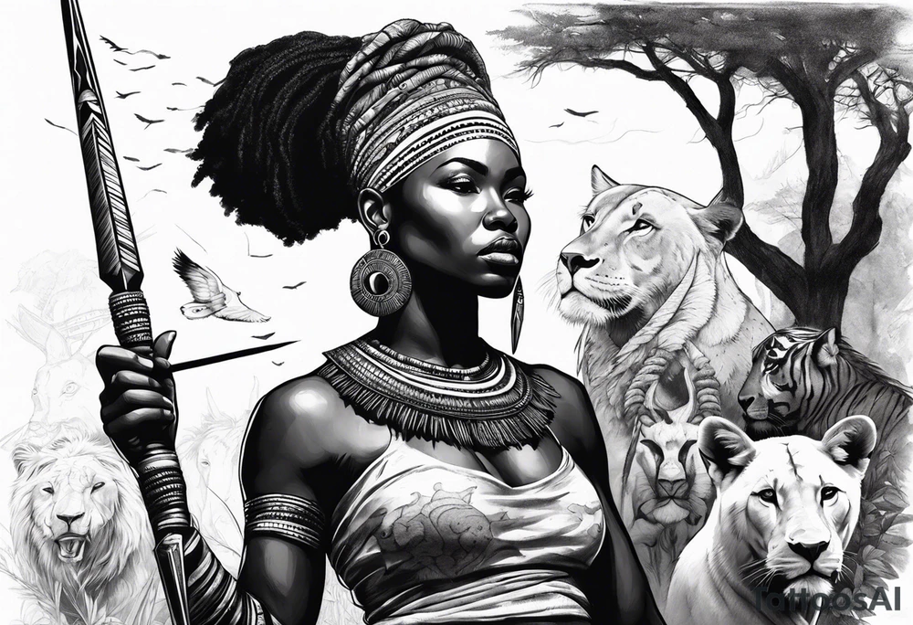 African woman warrior with tribe scars and spear in hand with animals in background tattoo idea