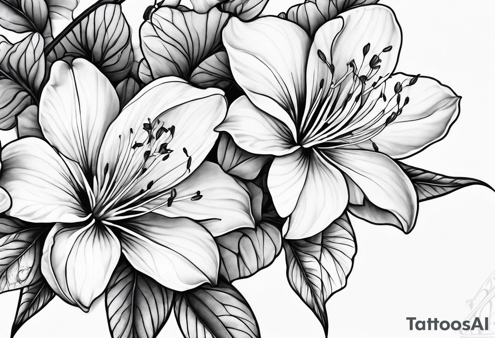 5-petal azaleas with buds along a long branch tattoo idea