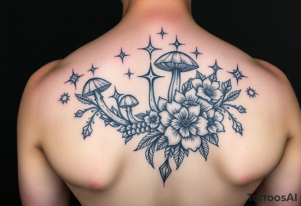 Could you possible make me a cool nature tattoo with mushrooms crystals  flowers mandala boho but colorful and psychedelic too that would wrap from front of hip around side to mid back to cover an existing one I have incorporating the stars I have already and only covering some tattoo idea