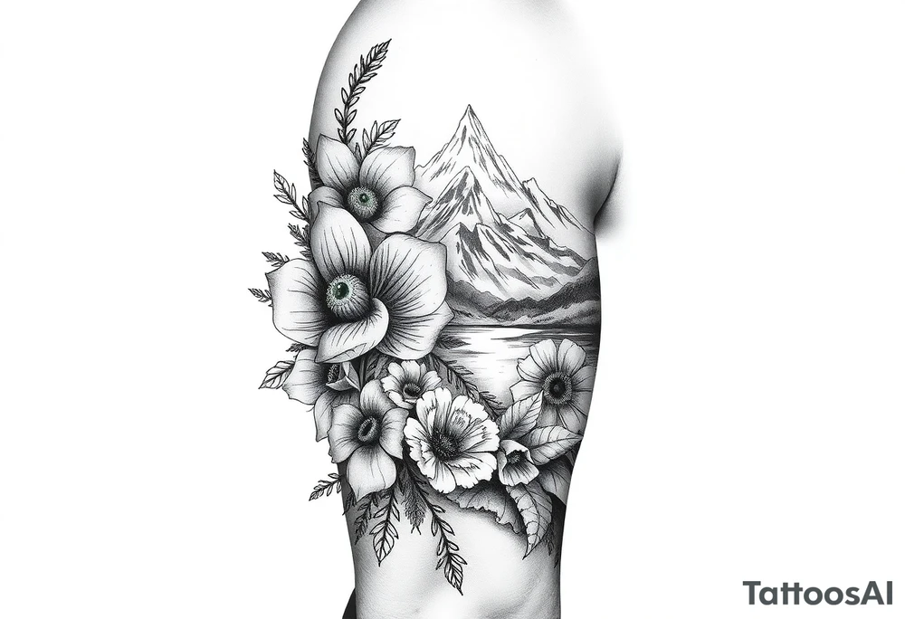 vintage bouquet of flowers , 
 river flower through a mountain with green eyes in it American flag wrapped around arm vintage car parts incorporated tattoo idea