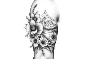 vintage bouquet of flowers , 
 river flower through a mountain with green eyes in it American flag wrapped around arm vintage car parts incorporated tattoo idea