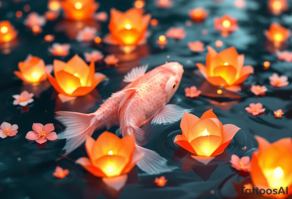 Pink Koi with Floating Lanterns – A soft pink koi surrounded by glowing orange paper lanterns on water, evoking peace, hope, and remembrance. tattoo idea