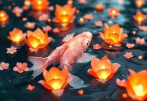 Pink Koi with Floating Lanterns – A soft pink koi surrounded by glowing orange paper lanterns on water, evoking peace, hope, and remembrance. tattoo idea