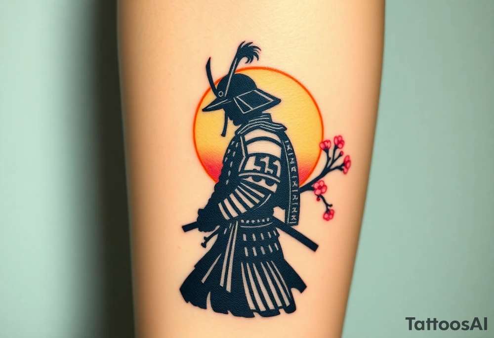 noble samurai warrior silhouette at sunset with cherry blossoms tattoo idea