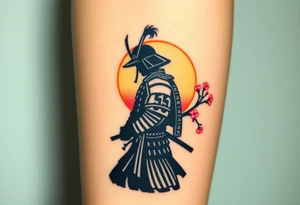 noble samurai warrior silhouette at sunset with cherry blossoms tattoo idea
