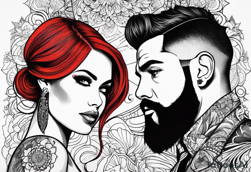 Busty Red haired woman with black haired bearded man tattoo idea