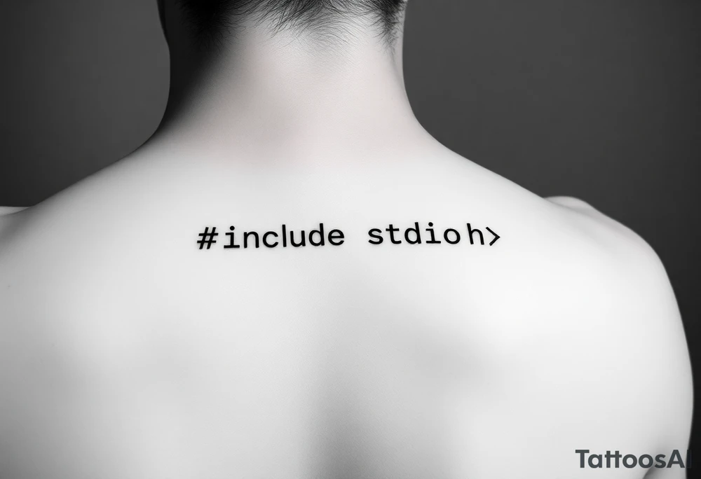Minimalist black tattoo of the text "#include <stdio.h>" on a human wrist. Clean monospace font (programming style), thin lines, sharp and precise lettering. No colors, only solid black ink. Realistic skin texture, natural wrist curvature, subtle lighting. Simple and elegant composition, no additional elements or decorations. Focus on clarity and readability of the code text. tattoo idea