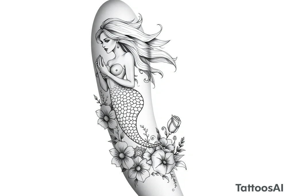 ethereal mermaid with flowing hair among coral and sea flowers tattoo idea