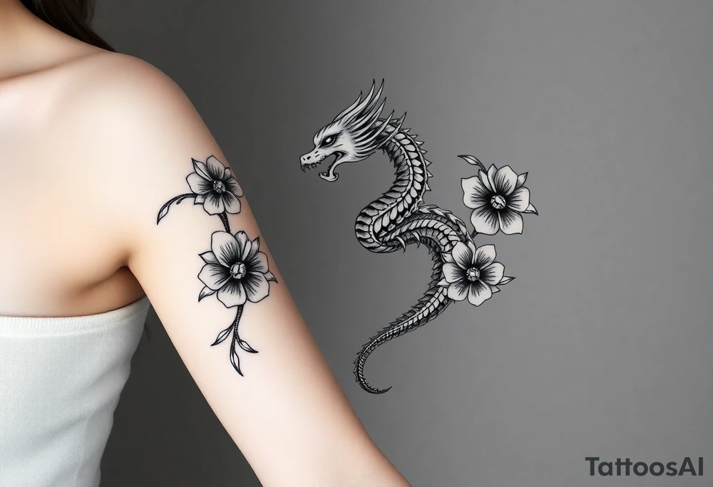 un dragon central entouré de fleurs de lys de style avec des ombrages dans un style assez fin tattoo idea