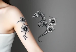 un dragon central entouré de fleurs de lys de style avec des ombrages dans un style assez fin tattoo idea