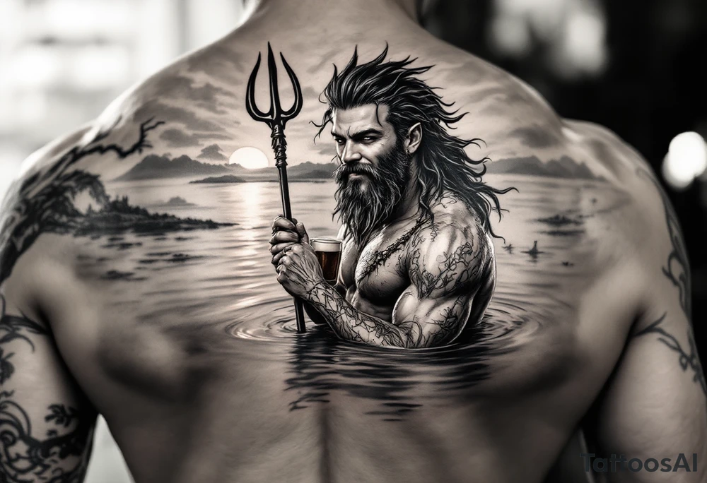 young, smiling, fit poseidon in calm water, holding a trident, drinking a beer, with sunset tattoo idea