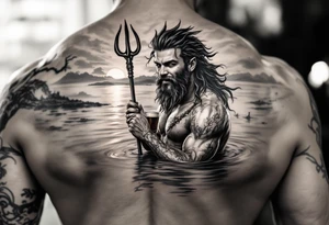 young, smiling, fit poseidon in calm water, holding a trident, drinking a beer, with sunset tattoo idea