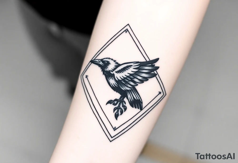 12 inch in length Geometric diamond with lines going around with a big detailed crow in center with a lot of shading tattoo idea