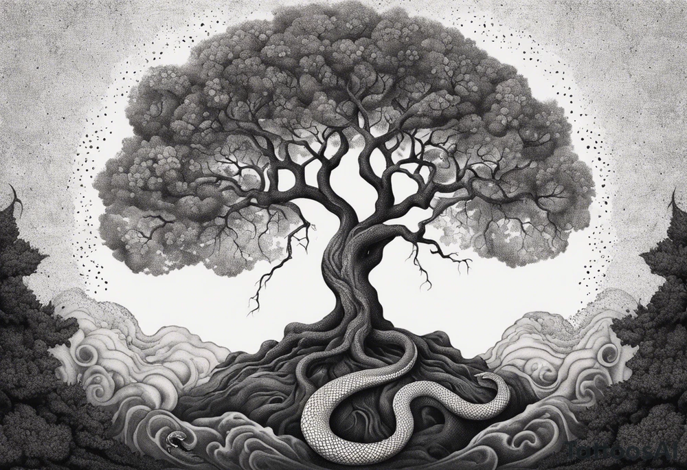 A tree reaching the sky with the roots reaching hell, having a snake around it. All based on Carl Jung ideas. tattoo idea