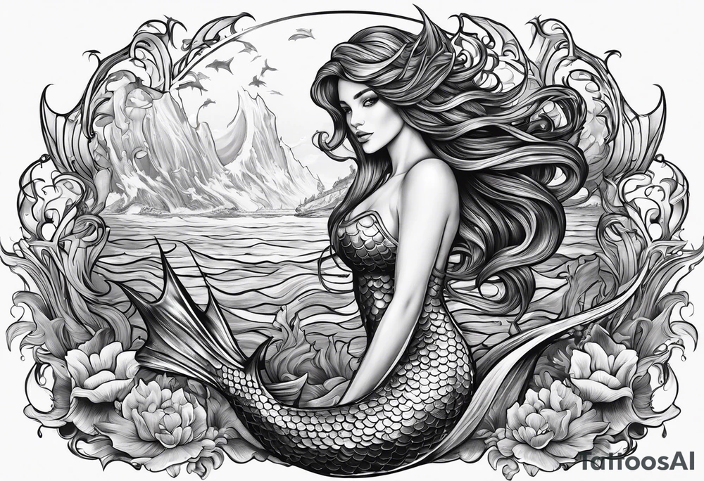 mystical mermaid
 trident underwater tattoo idea