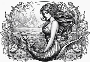 mystical mermaid
 trident underwater tattoo idea