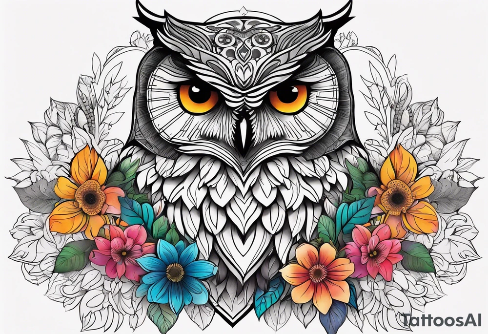 Flowers, colorful, horizontal, botanical, mandala background with owl in the middle tattoo idea