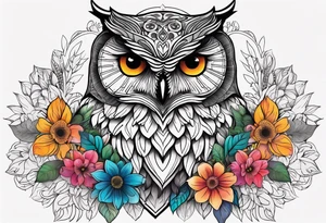 Flowers, colorful, horizontal, botanical, mandala background with owl in the middle tattoo idea