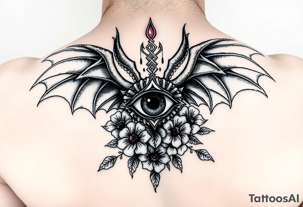 Devil wings and eye of Horus with flowers tattoo idea