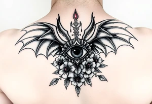 Devil wings and eye of Horus with flowers tattoo idea