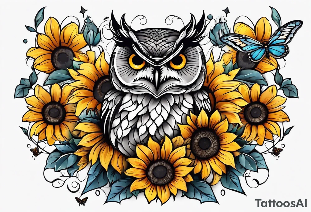 Small owl with sunflowers and butterflies arm sleeve tattoo idea