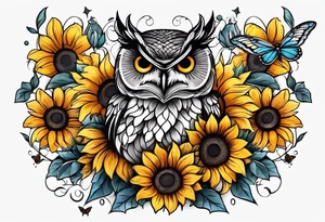 Small owl with sunflowers and butterflies arm sleeve tattoo idea