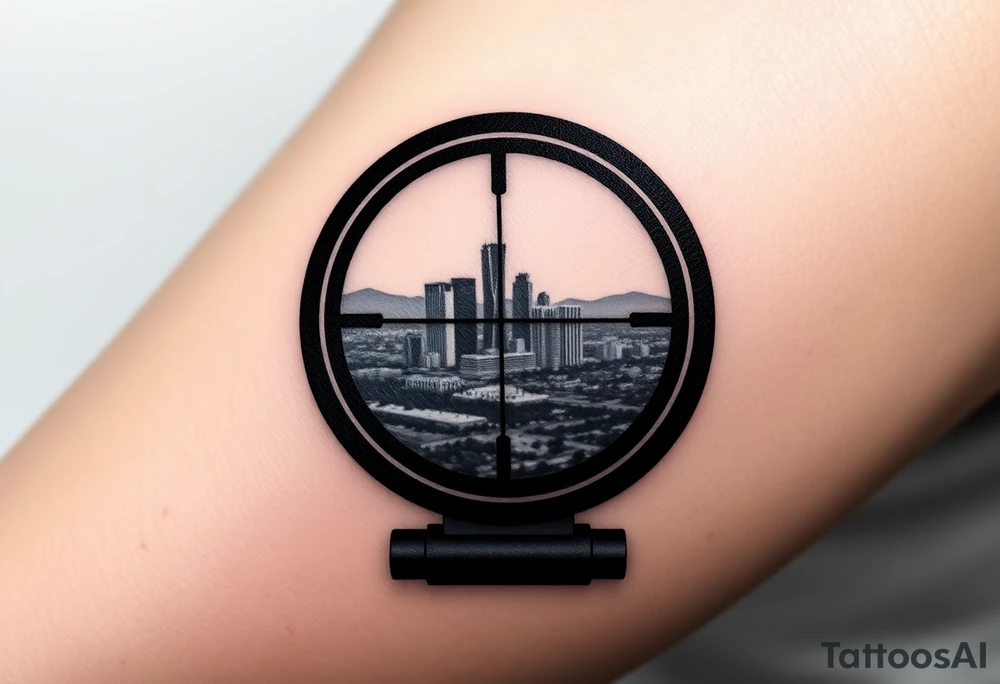scope crosshairs with eerie Los Angeles city horizon in background tattoo idea